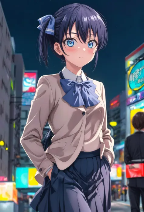 anime girl in school uniform standing in the middle of a city