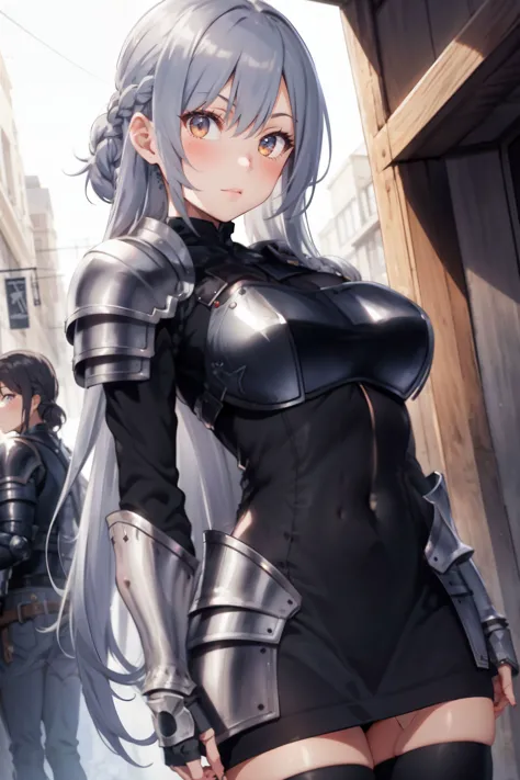 1boy, 1girl, armor, bangs, black legwear, braid, breastplate, breasts, closed mouth, covered navel, cowboy shot, dress, eyebrows...