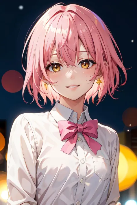 masterpiece, best quality, short hair, pink hair, close-up, yellow eyes, smile, small breasts, bowtie, white shirt, night, bokeh...