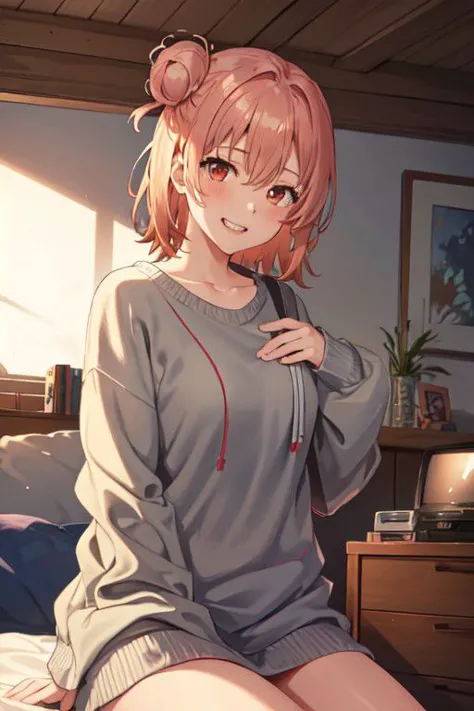 anime girl sitting on bed with headphones on