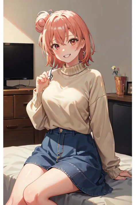 anime girl sitting on bed with toothbrush in hand