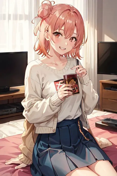 anime girl sitting on bed holding a cup of coffee