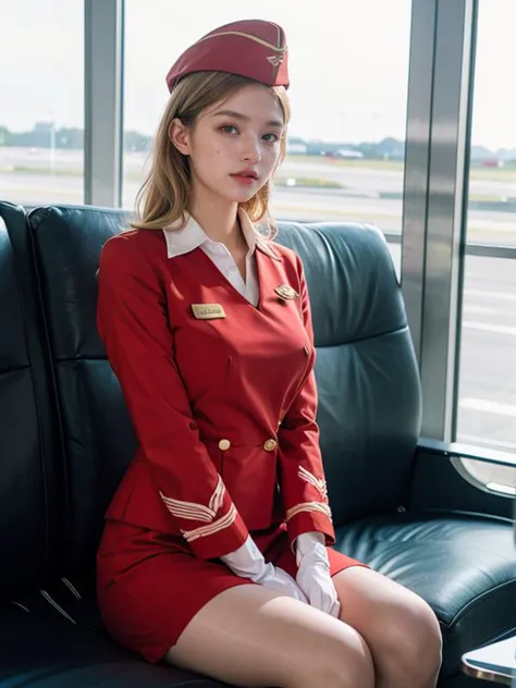 a woman in a red uniform sitting on a black chair