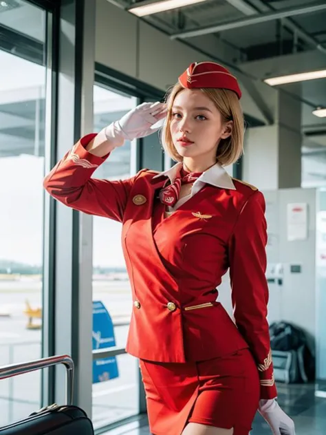 DV_Keeley_Vicious, ((blonde hair)), wavy hair,  short hair, best quality, masterpiece, (photorealistic:1.2), (raw photo with soft light), natural skin texture, dynamic pose, 1 woman, saluting, at airport, large breasts, ((wearing red stewardess outfit)) red uniform, garrison cap, pantyhose, white gloves <lora:NegStd3:0.3> <lyco:RussianStewardess_v10:0.7>