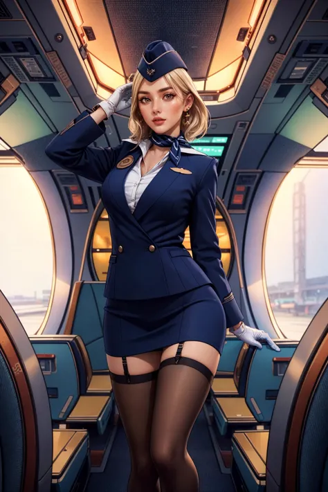 a woman in a uniform is posing on a plane