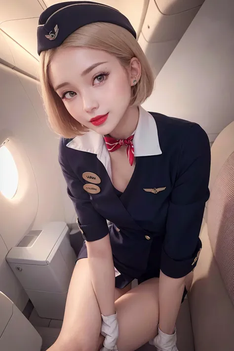 a close up of a woman in a uniform on an airplane