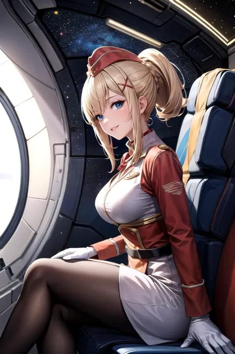 a woman in a uniform sitting in a space station