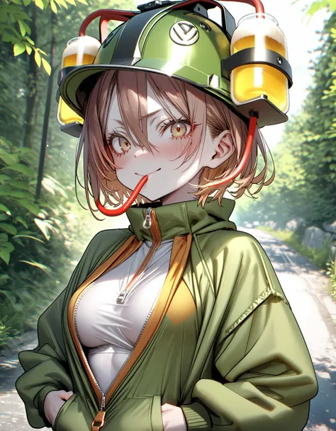 anime girl with a helmet on her head and a cigarette in her mouth