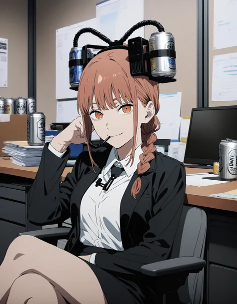 anime girl sitting in a chair with a computer and a can of soda