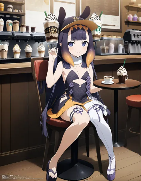 anime girl sitting in a chair with a cup of coffee