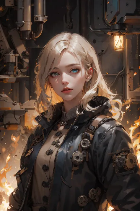 (absurdres, highres, ultra detailed), 1woman, mature female, aged up, wavy long hair, split-color hair, heterochromia, bangs, long sleeves, finely detailed eyes and detailed face, extremely detailed CG unity 8k wallpaper, intricate details, (style-rustmagic:0.8), (medieval cyborg:0.8), portrait, (bloody wounds:0.7), looking at viewer, solo, half shot, detailed background, (steampunk theme:1.1) determined expression,  dark couds technomancer, floating lights, color leather vest with gears, techwear,  jetpack,   workshop in background, machines, gears, steam, industry, technology, furnace, grime, anvil,  buttons, levers,  automaton,  electricity, electric sparks epic atmosphere,, portrait