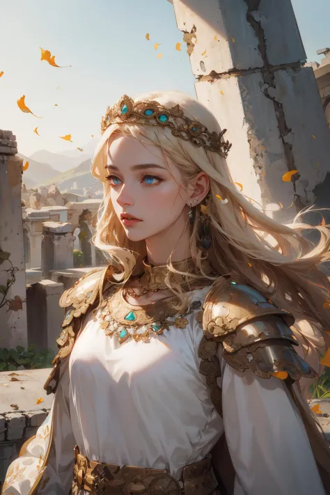 (absurdres, highres, ultra detailed), 1woman, mature female, aged up, long hair, blonde hair, turquoise eyes, bangs, long sleeves, finely detailed eyes and detailed face, extremely detailed CG unity 8k wallpaper, intricate details,  looking down, solo, upper body, detailed face, determined expression,   bronze age, (ancient roman theme:1.1), roman mythology, height of ancient rome, Roman republic,  Pompei, aqueducts, deity of war, white simple armor,   ancient theme, (flourishing civilization:1.1), pristine white marble, (intact:1.1)  mediterranean landscape, valleys from above in background,    majestic atmosphere, floating bronze particles,, portrait, wind swirling