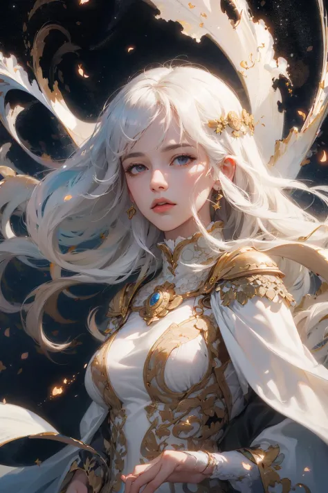 (absurdres, highres, ultra detailed), 1woman, mature female, aged up, wavy long hair, white hair, black eyes, bangs, long sleeves, finely detailed eyes and detailed face, extremely detailed CG unity 8k wallpaper, intricate details,  looking down, solo, hal...