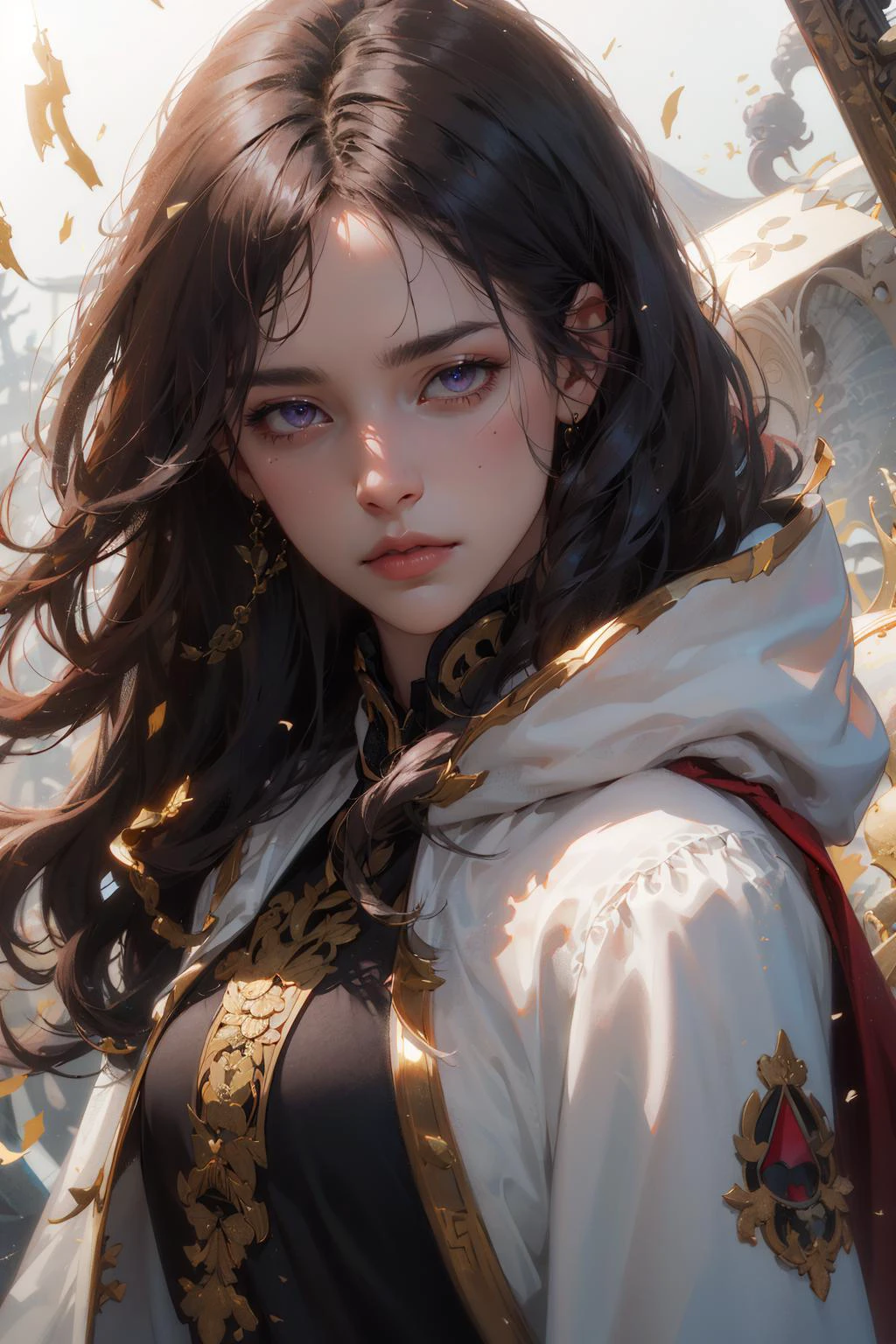 (absurdres, highres, ultra detailed), 1woman, mature female, aged up, wavy long hair, dark brown hair, pink eyes, bangs, long sleeves, finely detailed eyes and detailed face, extremely detailed CG unity 8k wallpaper, intricate details, portrait, (bloody scars:0.7), looking down, solo, upper body, detailed background, determined expression, assassins creed,  assassin, hidden wrist-blade, black rugged  assassin clothes, hood, capelet,  small knives,  revolutionary, dynamic pose,  caribbean island setting, golden age of piracy, closed gate in background, dust, , portrait, wind swirling