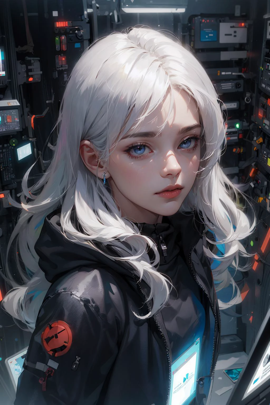 (absurdres, highres, ultra detailed), 1woman, mature female, aged up, wavy long hair, white hair, black eyes, bangs, long sleeves, finely detailed eyes and detailed face, extremely detailed CG unity 8k wallpaper, intricate details, portrait, looking at viewer, solo, (full body:0.6), detailed background, detailed face, (matrix theme:1.1) evil high-tech futuristic hacker,  advanced technology, hoodie, techwear, wearable device, keycard, cables, head-up display, blue (holographic display:1.05), access granted,   cybersecurity, server room in background, orange lights,  dark sinister atmosphere, , portrait, wind swirling