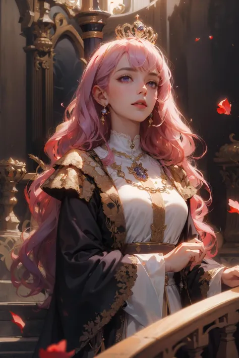 (absurdres, highres, ultra detailed), 1woman, mature female, aged up, wavy long hair, pink hair, dark brown eyes, bangs, long sleeves, finely detailed eyes and detailed face, extremely detailed CG unity 8k wallpaper, intricate details, portrait, looking up...