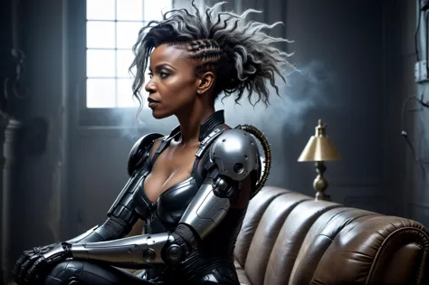 dxhr style <lora:dxhr_v2:1>, mid shot, mature female, sitting on an opulent sofa, in a house, detailed messy hair, bra, prosthetic arms elbow and shoulders, background clutter, profile view, [sleek|bulky plated] black cyborg robotic arms, looking up to the side, dusty room, volumetric fog, godrays, raw photography, sharp focus, shallow depth of field, professional photography, hdr, low contrast