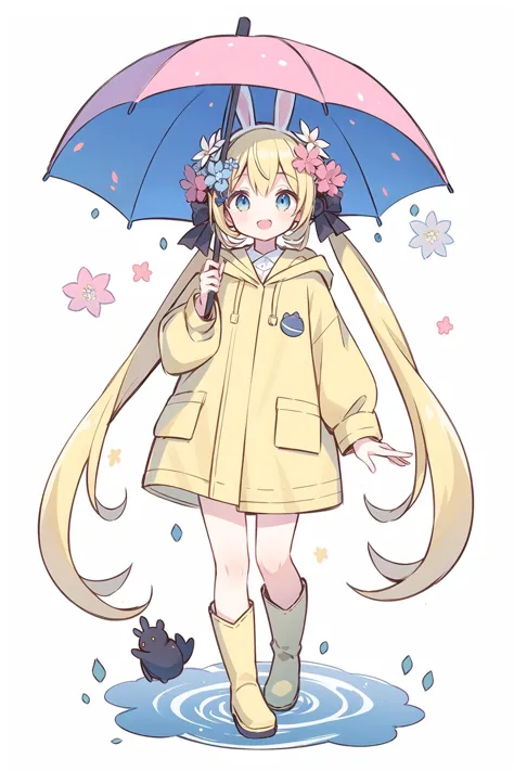 1girl,rainbow,raincoat,yellow raincoat,rubber boots,hydrangea,flower,long hair,twintails,boots,blush,umbrella,open mouth,hair ornament,white background,hood,solo,teruterubouzu,very long hair,hood up,long sleeves,low twintails,bow,bangs,smile,animal hood,bl...