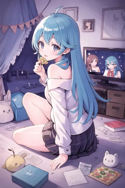 anime girl sitting on the floor eating a slice of pizza