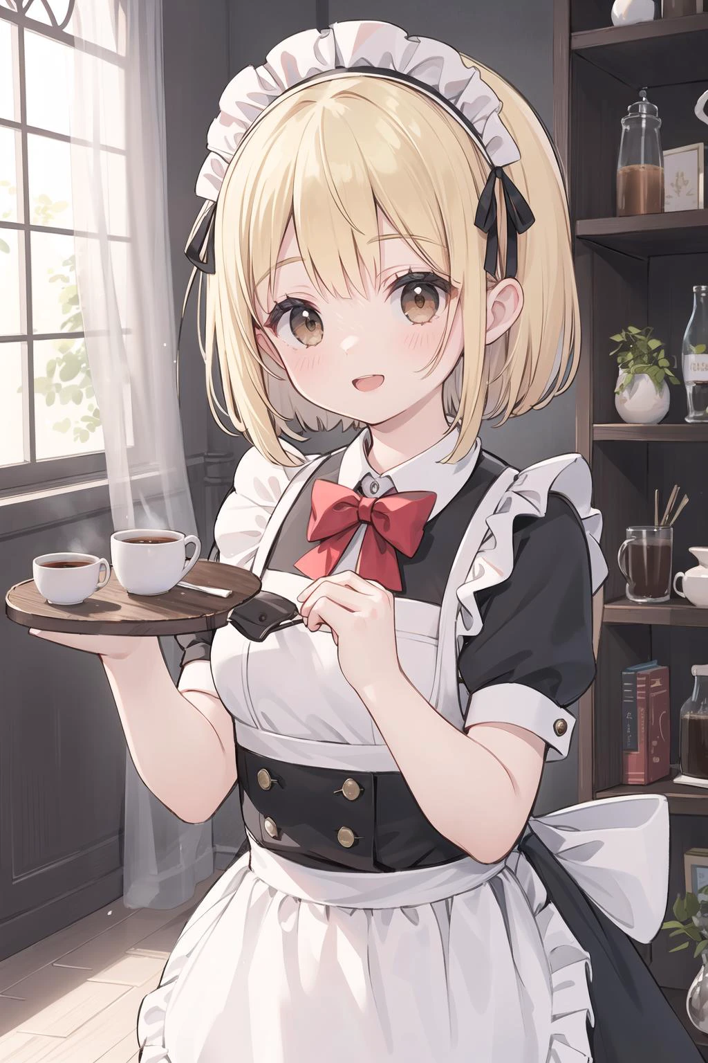 (masterpiece:1.2), best texture, upper body, 1girl, solo, bob cut, blond hair, bangs, brown eyes, smile, looking at viewer, cheek, open mouth, BREAK
best quality, (maid costume:1.1), (maid headdress:1.1), short sleeves, leaning forward, hugging wooden tray, Serving coffee mug, red bowtie, (frilled maid apron:1.2), long frilled skirt, BREAK
(super detailed:1.2), absurdres absolutely resolution, luxury interior, european masion, european architecture, table, dutch cultual art, picture frame, morning lighting 
