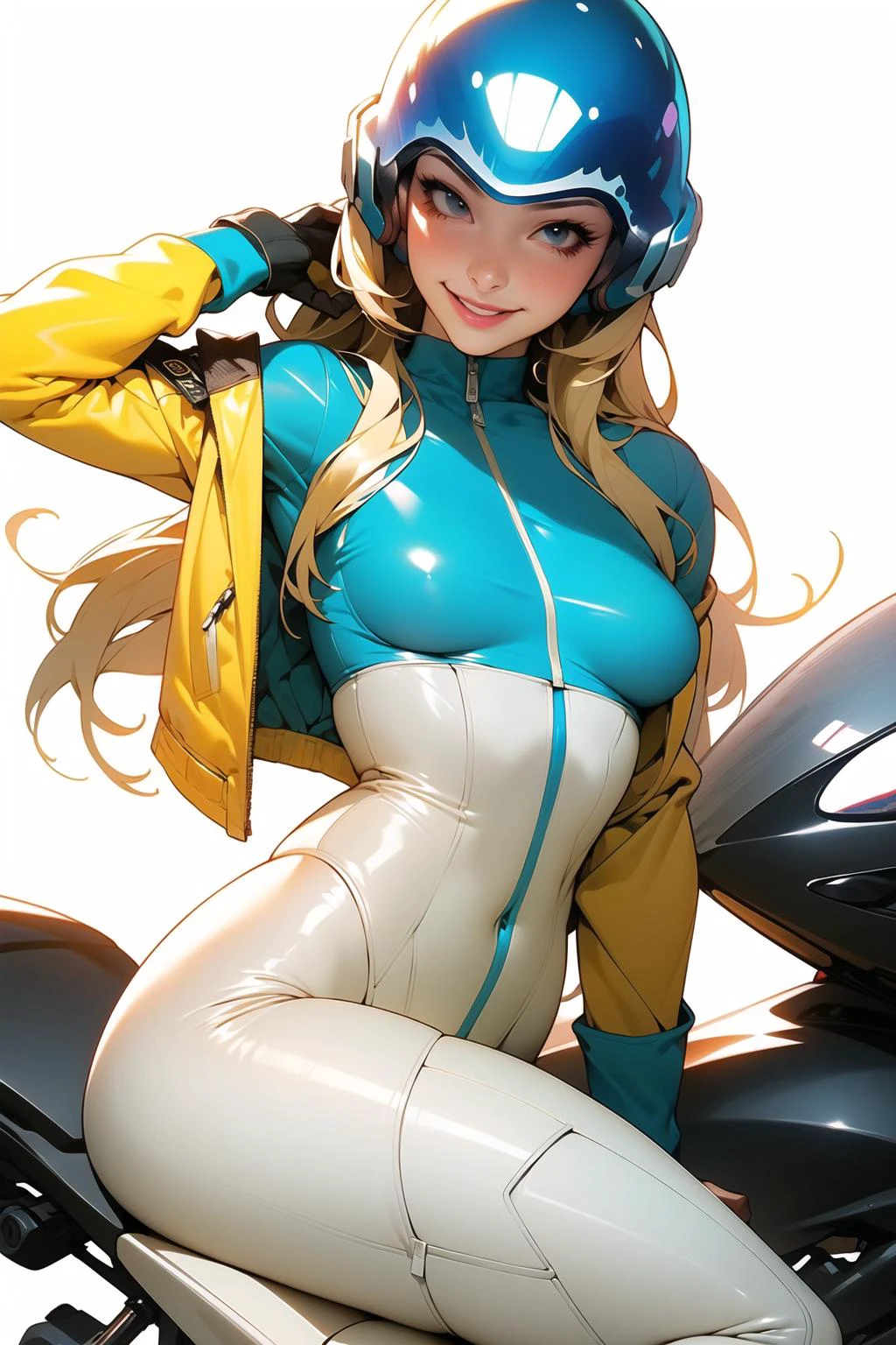 masterpiece, (masterpiece, top quality, best quality),1girl, solo, bodysuit, breasts, long hair, white background, smile, simple background, medium breasts, helmet, looking at viewer, skin tight, sitting, lips, blue bodysuit, motorcycle, black gloves, gloves