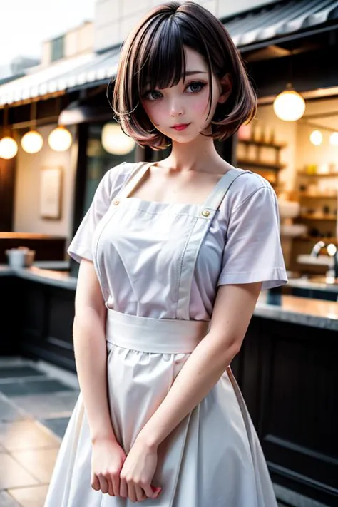 a close up of a woman in a white dress standing on a sidewalk