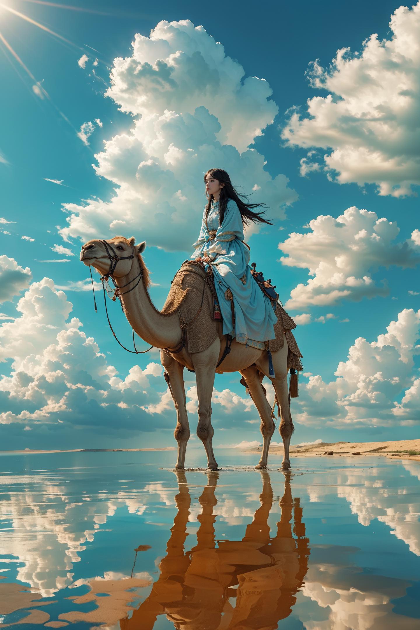 A woman riding a camel on a beach with a sky background - SeaArt AI