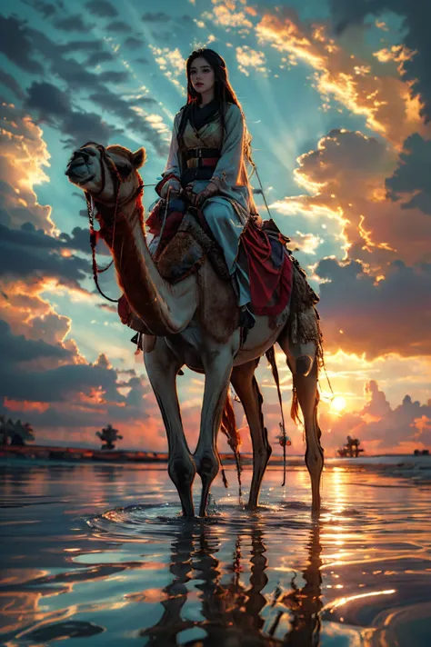 xuer riding camel,1girl,long hair,sunset,water,cloud,solo,sky,black hair,outdoors,reflection,
<lora:~Q?-N xuer riding camel:0.8...