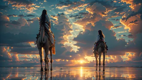 xuer riding camel,sky,scenery,cloud,sunset,reflection,outdoors,solo,water,standing,cloudy sky,1girl,horizon,from behind,long hai...