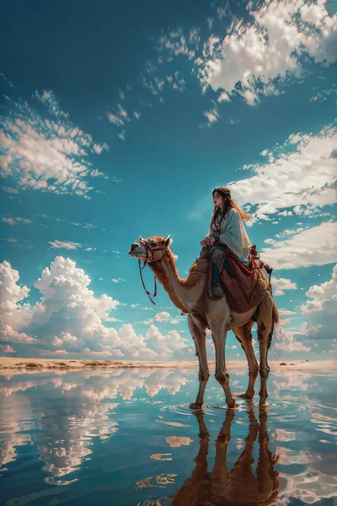 xuer riding camel,sky,cloud,reflection,outdoors,blue sky,cloudy sky,1girl,scenery,day,ripples,solo,water,reflective water,wide s...