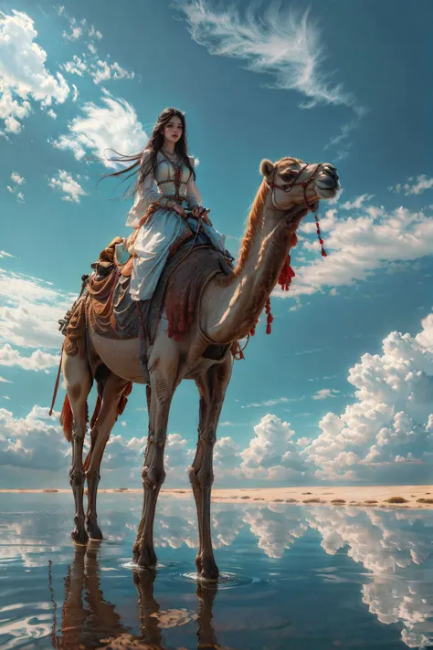 xuer riding camel,sky,cloud,reflection,outdoors,blue sky,cloudy sky,1girl,scenery,day,ripples,solo,water,reflective water,wide shot,
