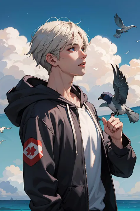 (absurdres, highres, ultra detailed), 1boy, handsome, very short hair, complex pattern, detailed face, best ratio four finger and one thumb, upper body, casual clothes, oversized hood, ocean background, many birds, blue sky full of extremely brilliant clouds, sparkling horizon, glittering debris