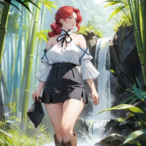 anime girl in a short skirt and top walking in front of a waterfall