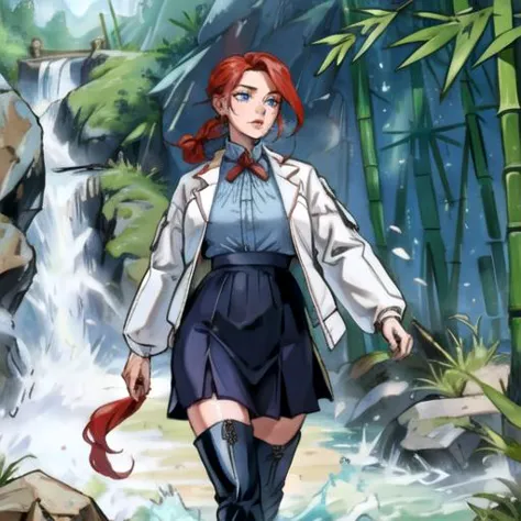 anime girl walking in front of a waterfall with a red hair