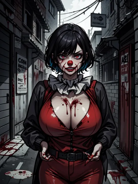 absurdres, highres, ultra detailed, masterpiece, 4k wallpaper, (vibrant colors), (moody lighting), 1girls, (dark back alley), creepy atmosphere, ((killer clown woman)), psycho, deranged, crazy, (yandere), (huge breasts), ((blood stains)), dripping blood