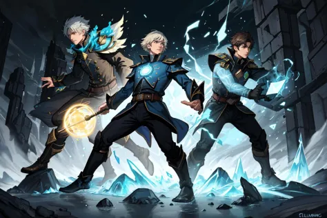 3man, combat pose, full-body, elemental mages, wearing futuristic mage uniform, short hair, casting elemental magic, surrounded by elemental energy, special effects, waning light, hyperdetailed, accurate proportionate, realistic,