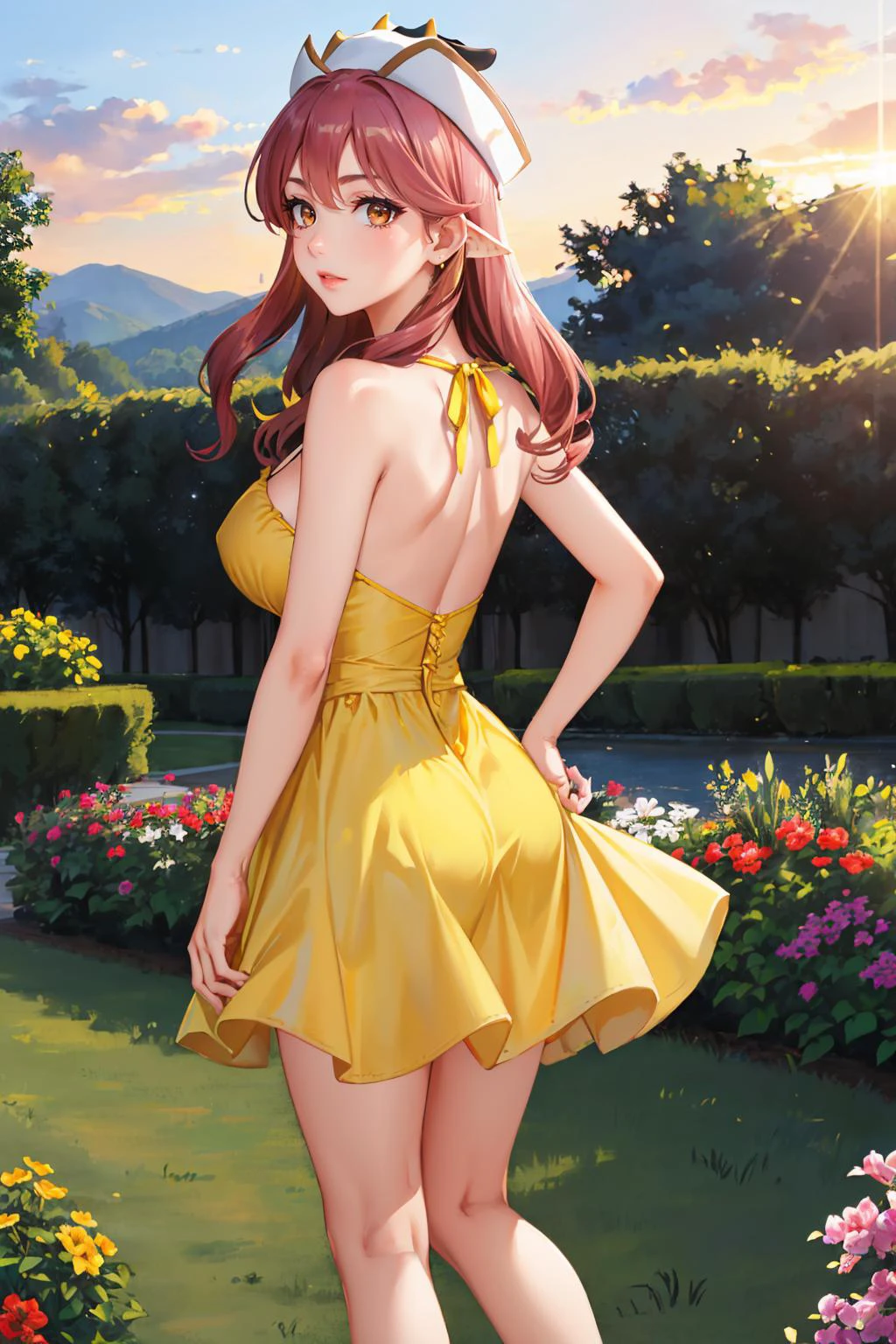 masterpiece, best quality, moo-tan, cow girl, earrings, hat, (yellow sundress:1.2), from behind, large breasts, cow tail, garden, sunset, sky edgYSD,woman wearing a yellow sundress