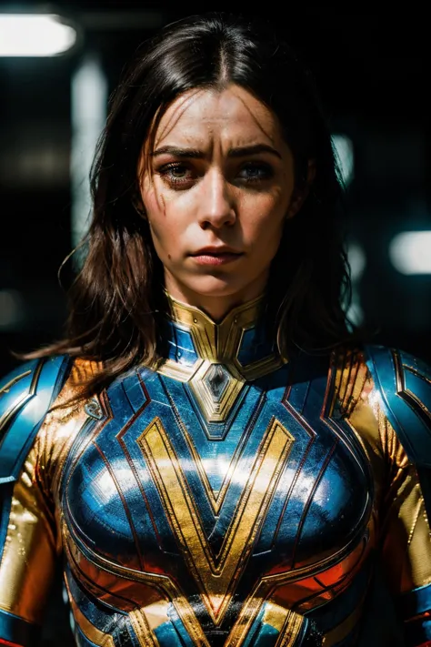 a woman in a blue and gold costume standing in a dark room