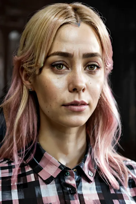 a close up of a woman with pink hair and piercings