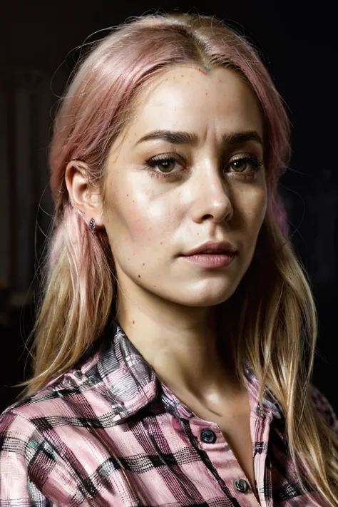 portrait photo of cmt,(pink and balck checkered shirt), (dirty blonde hair), alluring portrait, intricate, highly detailed, digital painting, artstation, concept art, naughty, sharp focus, cinematic lighting, illustration, art by artgerm and greg rutkowski, alphonse mucha, cgsociety,<lora:CristinMilioti-RealVision-V1.0:1>