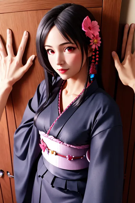Highly detailed, High Quality, Masterpiece, beautiful, TifaEX, short kimono, hair ornament, <lora:Tifa:0.8>, 1girl, solo, red ey...
