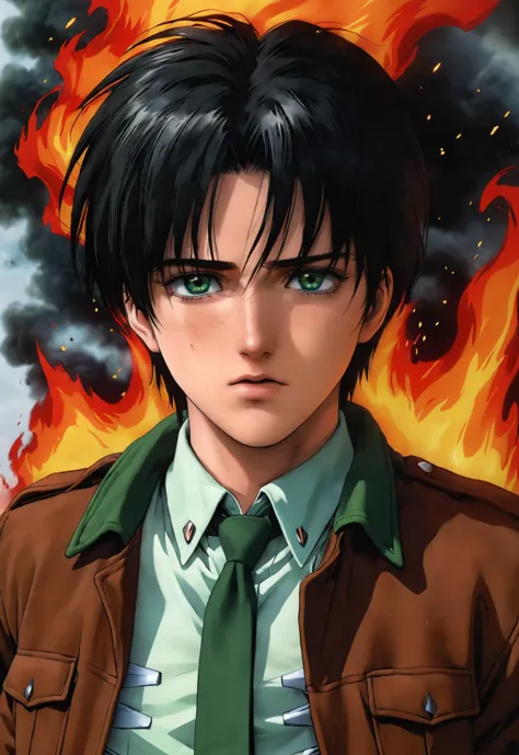 i want the whole image to be created in 3D anime style, solo, looking at viewer, short hair, blue eyes, shirt, black hair, long sleeves, 1boy, green eyes, jacket, male focus, open clothes, collared shirt, belt, blurry, uniform, open jacket, blood, blurry background, fire, freckles, brown jacket, blood on face, realistic, emblem, dirty, paradis military uniform, embers, dirty face, survey corps (emblem), green capelet