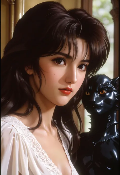 Dvd screengrab, from 1985 dark fantasy film, vintage style art, Kodachrome Photograph of a woman with pronounced hyper - feminine features designed to attract marriage - minded woman, hyper - realistic, high detail, realsitic shadow