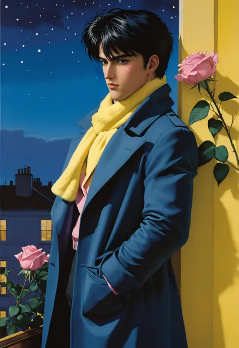 A painting of an elegant man with short hair wearing a blue long coat and pink fur scarf, in the style of Gottfried Helnwein, with a yellow wall background, a window on the left side, roses in the right bottom corner, and moonlight in the night sky, in the style of John Brack