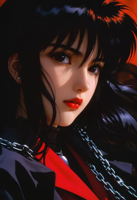 a close up of a woman with a red shirt and black hair