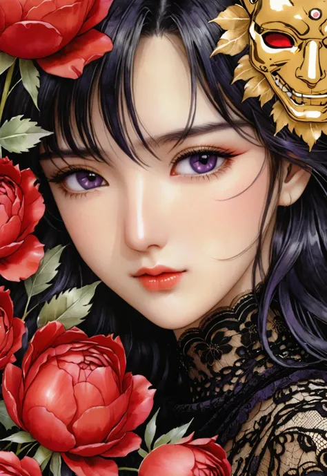 A beautiful girl with lace covering her eyes, gold peonies and red roses in the background, in the style of anime, soft dreamy tones, closeup of her face, a watercolor painting, using a black, gold, silver and purple palette, with perfect details, high resolution, super detailed, ultrahigh definition, a masterpiece, of best quality.