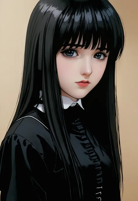 illustration ,flat2d, Handwriting style(masterpiece, best quality) Emo , Cute young face,Depression, Eyes without highlights, Glooking at viewer , girl,teenage ,expressionless ,pale skin, straight hair , blunt bangs , gothic atmosphere