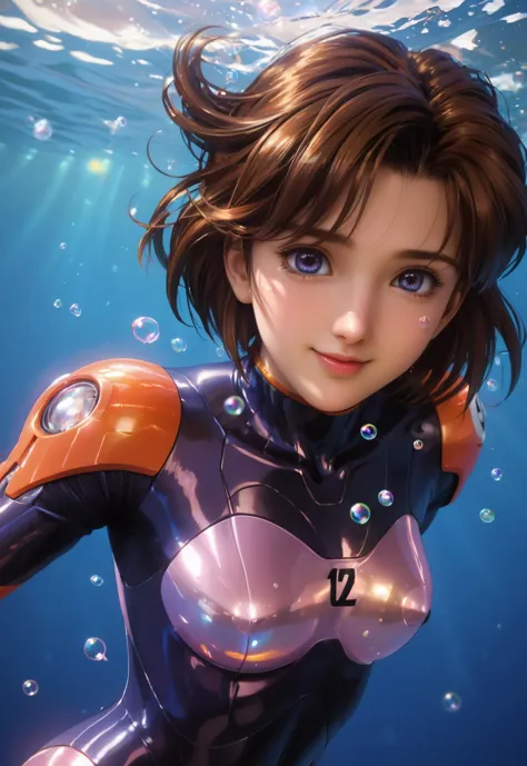 masterpiece, best quality, full body, portrait, Underwater, 1girl, anime, 3D, pixar, realistic, teen girl, smiling, cute face, short hair, Bubbles flying around, bodysuit, beautiful, sexy, colourful, nsfw, smooth skin, illustration, by stanley artgerm lau, sideways glance, foreshortening, extremely detailed, smooth, high resolution, ultra quality, highly detail eyes, highly detailed face, perfect eyes, both eyes are the same, true light, glare, Iridescent, Global illumination, real hair movement, real light and shadow, real face, hd, 8k, soft light, dream light