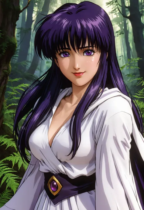 a woman with purple hair and a white dress in a forest