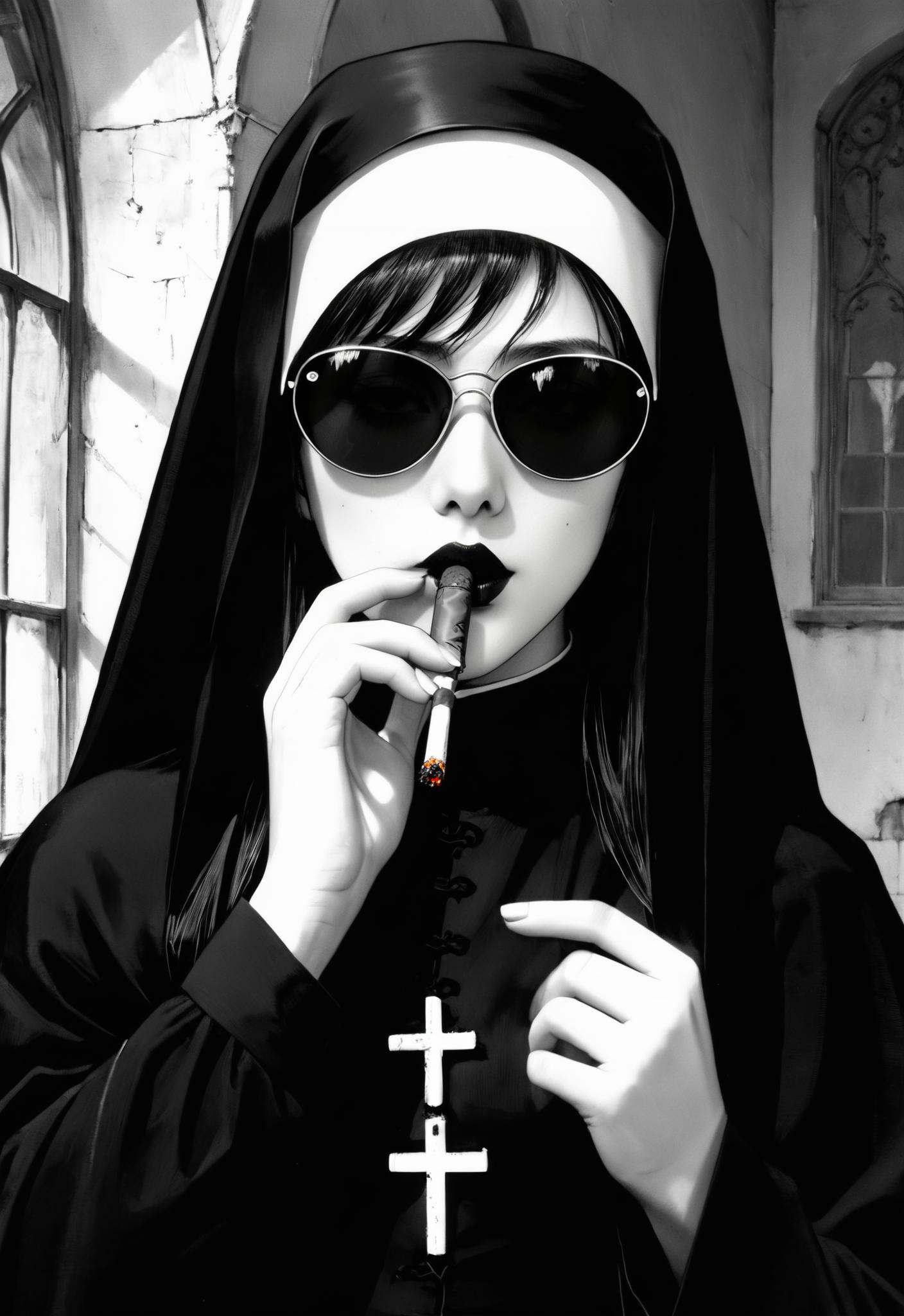 Nun smoking a cigarette in a church with a cross on the wall - SeaArt AI